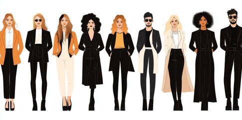 A seamless banner of tiny characters, horizontally tiling, depicting a diverse array of hand-drawn pedestrians strolling through the city