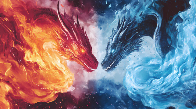 Epic illustration of two dragons, one of fire and one of ice, facing off in a dramatic and mystical conflict in a fantasy setting. Draconian. Illustration