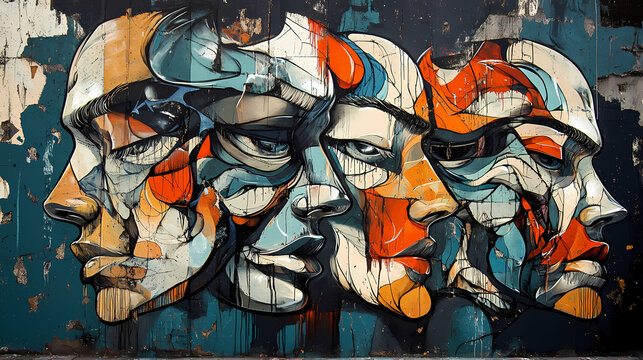 Expressive street art: abstract graffiti illustration depicting an oppressive atmosphere with crushed heads, symbolizing despotic and unjust pressures in urban settings. Draconian. Illustration