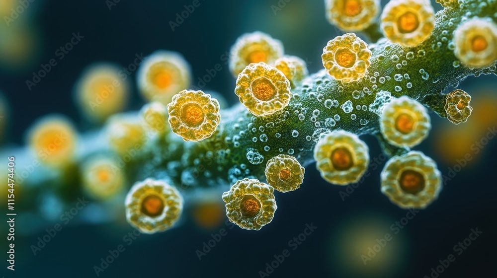 Poster microscopic view of vibrant yellow and green cells clustered on a stem-like structure.