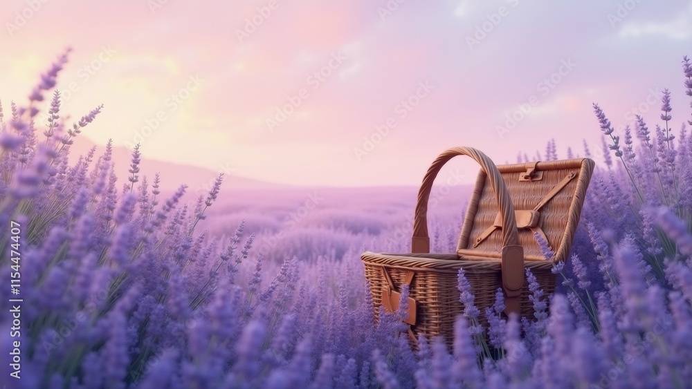 Poster the image shows a basket in the middle of a field of lavender flowers. the basket is made of wicker 