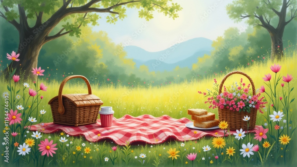 Poster the image is a painting of a picnic scene in a beautiful landscape. the scene is set in a field with