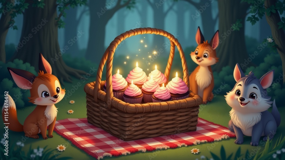 Poster the image shows a picnic basket filled with cupcakes in a forest. the basket is placed on a red and 