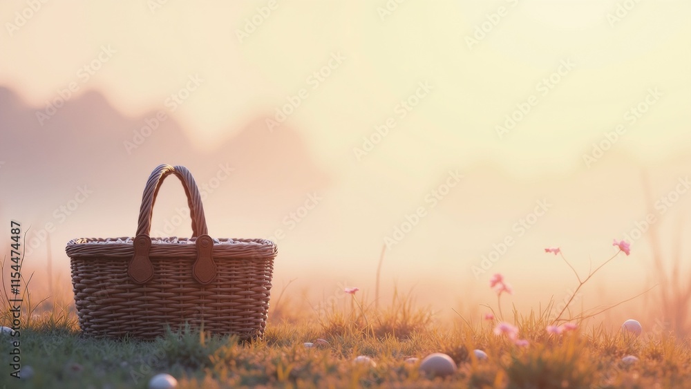 Poster the image shows a wicker basket with a handle and a lock on it, placed on a grassy field. the basket