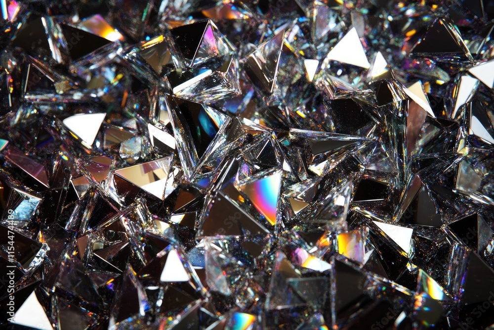 Poster a mesmerizing close-up of a pile of iridescent, triangular crystals reflecting light.