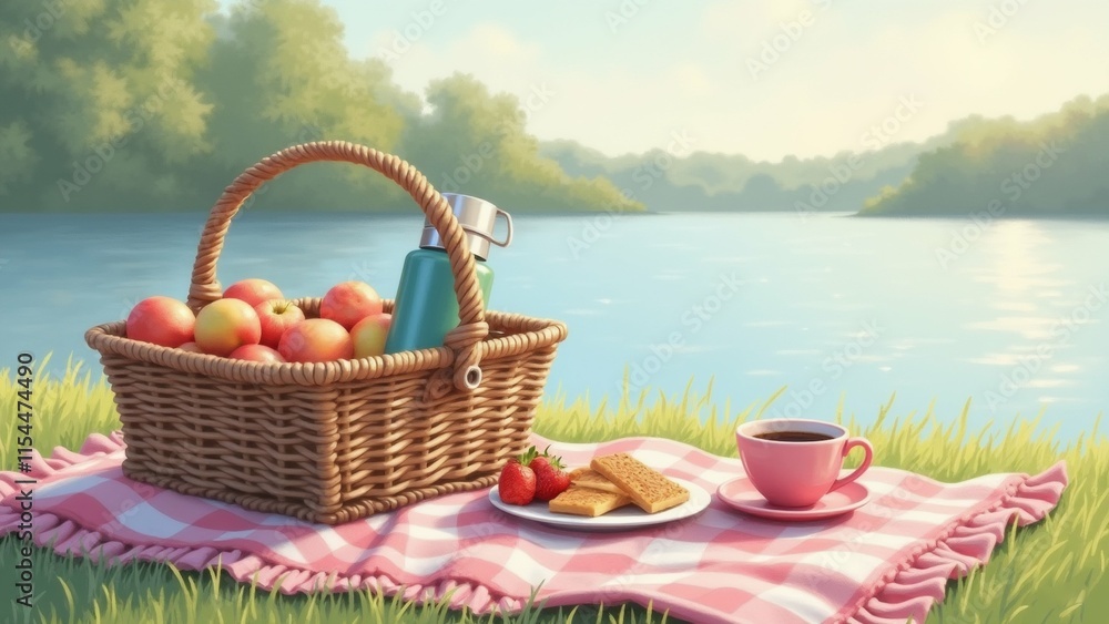 Poster the image shows a picnic scene on a grassy field with a lake in the background. on the left side of 