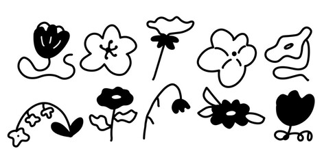 Black and White Flower Illustration Set | Minimalist Doodle Style Vector