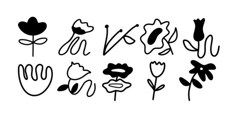 Black and White Flower Illustration Set | Minimalist Doodle Style Vector