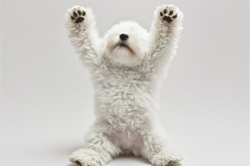 A west highland terrier dog positioned against a white studio backdrop