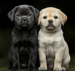 Obraz premium Labrador Retriever puppy sitting, domestic cat kitten sitting