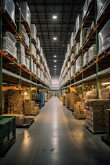 Fototapeta premium Comprehensive Warehouse Management: Extensive Storage View with Organized Merchandise and Operation Equipment