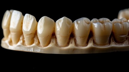A close-up view of a dental model showcasing human teeth.