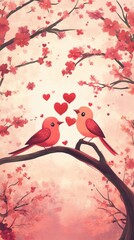 Two Red Birds Share a Romantic Moment Amongst Cherry Blossoms