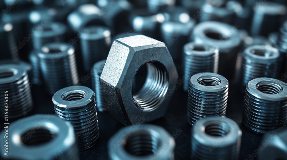 Poster a close-up view of metallic nuts and bolts arranged in a scattered pattern.