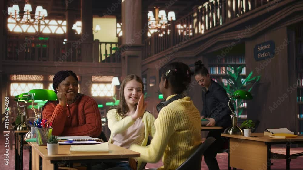 Poster cheerful diverse classmates sharing a high five during private lessons with tutor in the library, fi