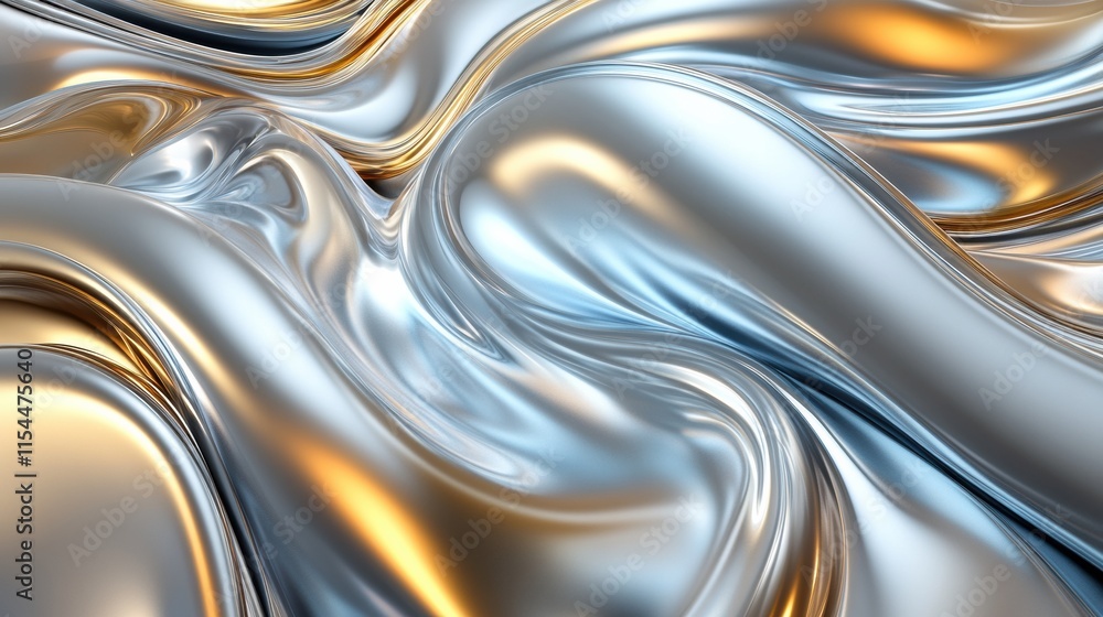 Aufkleber Flowing forms in abstract 3D design exhibit seamless blend of metallic shades and reflections. Generative AI