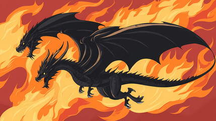 A black dragon among the flames. Draconian. Illustration