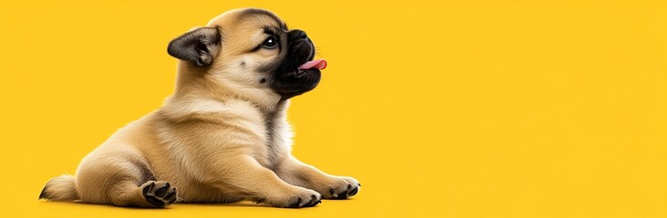 Obraz premium An adorable pug breed making an angry and serious face on a yellow background, alongside a happy dog smiling for summer, and a pug purebred dog concept