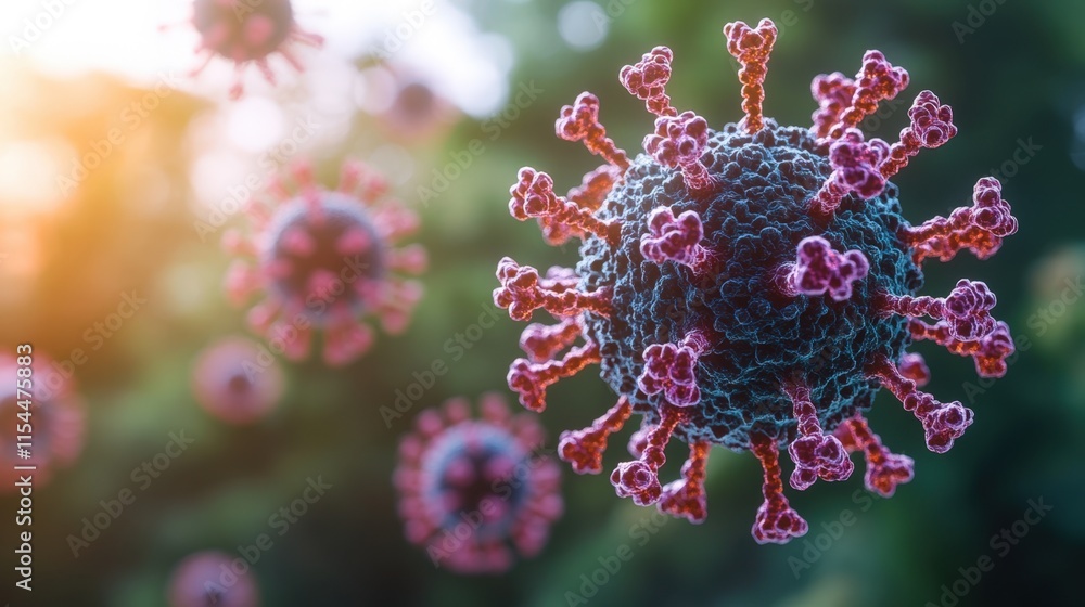 Poster microscopic view of virus particles, 3d render.