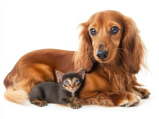 A Ragdoll cat kitten and a Dachshund dog pup sit together facing the front, looking directly at the camera, in an isolated cutout on a transparent background