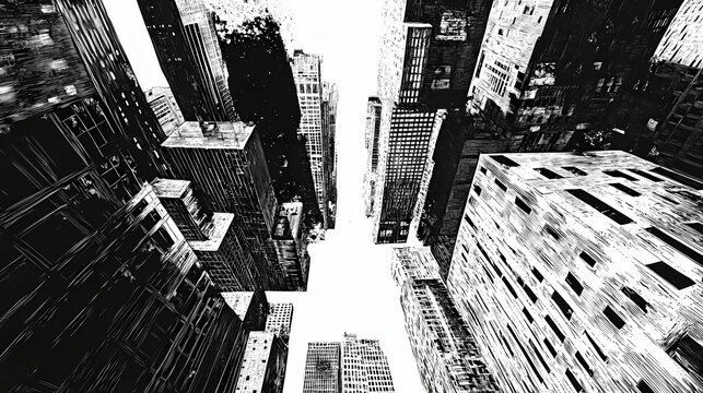 Claustrophobic cityscapes with distorted skyscrapers and narrow alleys conveying overwhelming disorientation. Draconian. Illustration