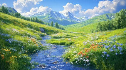 A serene landscape with mountains, a stream, and vibrant wildflowers.