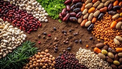 Obraz premium A colorful array of beans and legumes arranged in a circle around a patch of dark, rich soil, showcasing the diverse and essential nature of these nutrient-packed food sources.