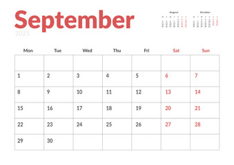 Monthly page Calendar Planner Template of September 2025. Vector layout of calendar with week start Monday for Scheduling. Page for size A4 or 21x29.7 cm