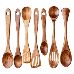 PNG of A collection of elegant wooden kitchen spoons arranged artistically, White or Transparent Background