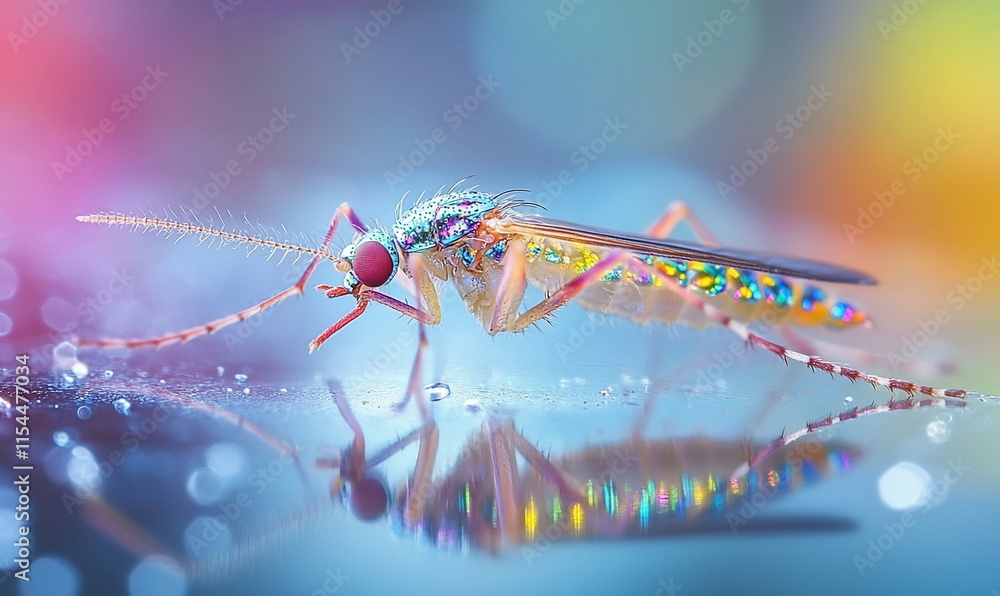 Poster a colorful close-up of a shimmering insect reflecting on a surface.