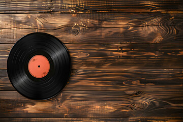 Top-Down View of Classic Vinyl Record on Textured Wooden Surface Evoking Nostalgia and Timeless...