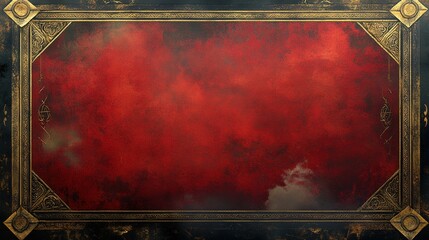 Red grunge textured background with ornate gold frame.