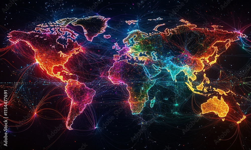 Poster a colorful, abstract representation of a global network and connections.