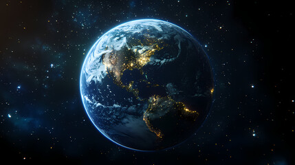 Obraz premium Vibrant view of earth illuminated by city lights and interconnected global networks, showcasing the beauty of our planet. Brilliance. Illustration