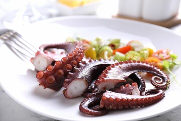 Plate with tasty boiled octopus tentacles and salad on white table, closeup