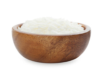 Soy wax in wooden bowl isolated on white