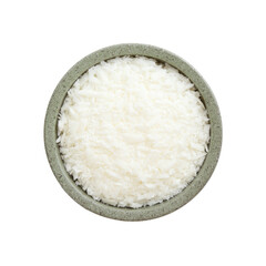Soy wax in bowl isolated on white, top view