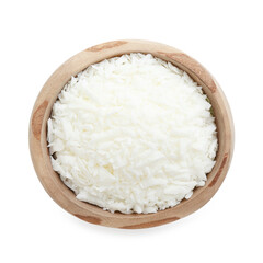Soy wax in bowl isolated on white, top view