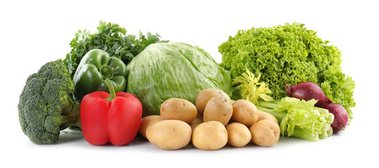 Many different ripe vegetables isolated on white