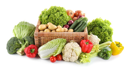 Many different ripe vegetables isolated on white
