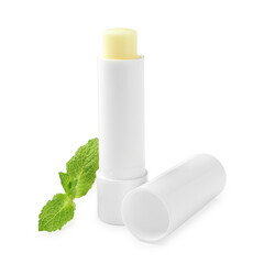 Mint lip balm and green leaves isolated on white. Cosmetic product