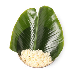 Cut banana leaf with rice in bowl isolated on white, top view. Healthy eco serving