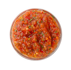 Delicious homemade red salsa isolated on white, top view