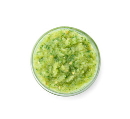 Delicious homemade green salsa isolated on white, top view