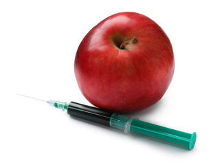 GMO concept. Red apple and syringe isolated on white