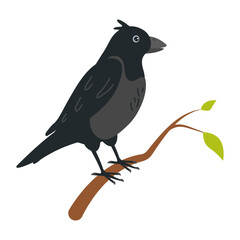 Black bird perched on branch with green leaves in a simple illustration