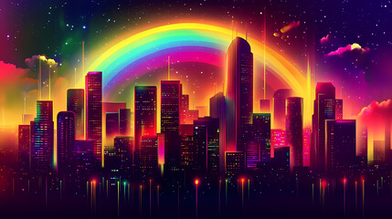 Retro synthwave cityscape featuring neon brilliance and a vivid rainbow arching across the futuristic skyline in a vibrant display. Brilliance. Illustration