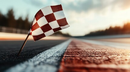 An artistic portrayal of a vintage-style checkered flag resting on a racetrack amidst a serene setting, symbolizing the nostalgia and timelessness of classic racing.
