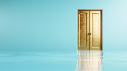 A stately golden door reflects elegantly upon a water surface, creating a scene of calm sophistication and a sense of mysterious, timeless allure.