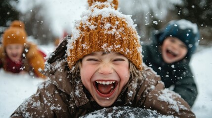 A snapshot of three kids expressing uncontainable joy as they dive into snow, encapsulating pure happiness and excitement within a dreamy winter landscape.